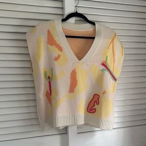 Cream V-Neck Knit Sweater Vest with Yellow & Peach Orange Abstract Print